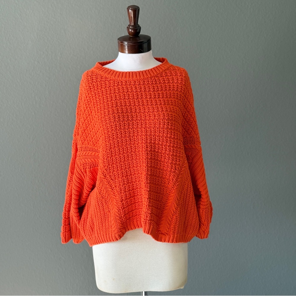 Zara Knit Oversized Orange Chunky Crew Sweater Sz M Cozy Warm Cabincore